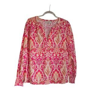 LOFT Womens M Blouse Paisley Leaf Pink Split Neck Long Sleeve Smocked Cuffs